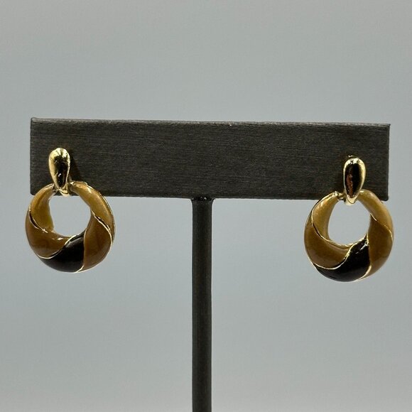 Vintage Doorknocker Earrings Gold Tone Brown Enamel Small Mini Pierced 0.50" - Picture 1 of 9